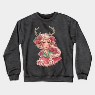 Fairy Deer Girl with Pink Flowers Crewneck Sweatshirt